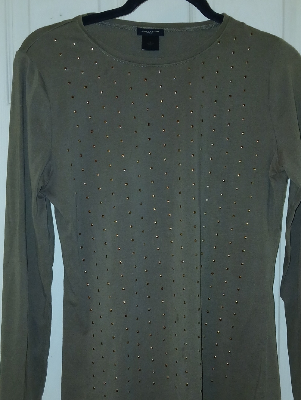 Ann Taylor Olive Green Long Sleeve Studded Top